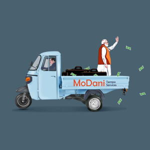 Illustration of a blue tempo with a man waving and money falling around it, advertising MoDani Tempo Services.