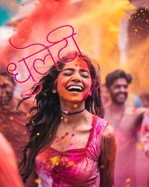 A young woman laughing and covered in colorful powder during a Holi festival celebration.