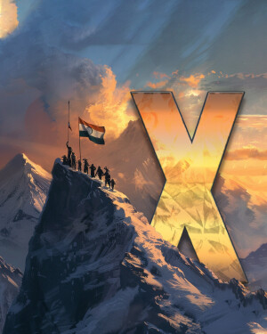 A group of people with the Indian flag on a mountaintop with a large 'X' overlay.