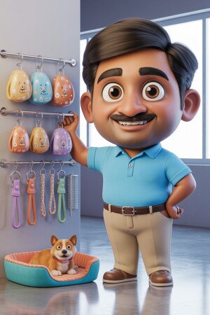 A cartoon illustration of a man in a pet store with pet accessories.