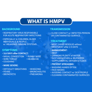 Infographic explaining hMPV symptoms, transmission, and treatment.