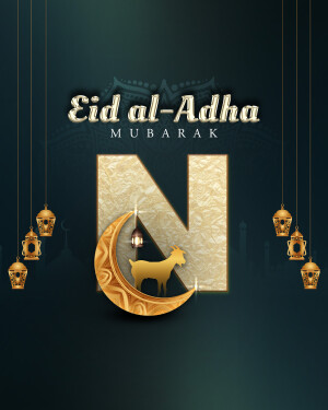 Eid al-Adha greeting with crescent moon, goat, and lanterns