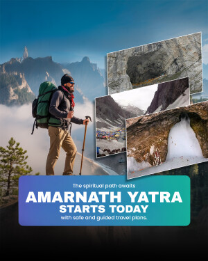 A hiker with a backpack walking towards mountains with Amarnath Yatra promotion.