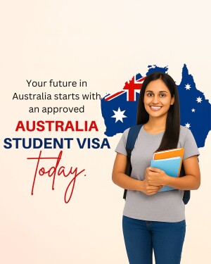 Young woman holding books with Australian flags and text about student visas