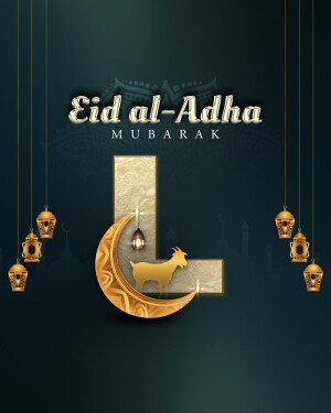 Eid al-Adha Mubarak with Crescent Moon and Goat Illustration