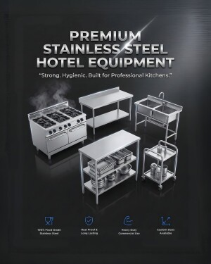 A collection of commercial grade stainless steel hotel and restaurant kitchen equipment including a stove, tables, sink, and trolley.