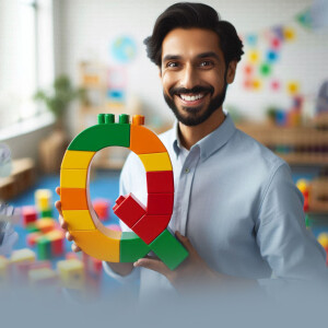 Man holding a large Q-shaped building block