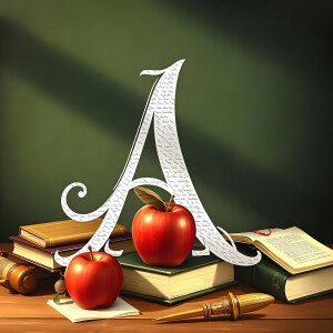 Still life with books, apples, and a large letter 'A'
