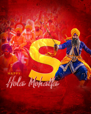 A vibrant image depicting a Sikh warrior with a large 'S' and celebrating Hola Mohalla.
