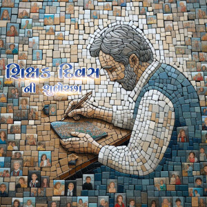 Mosaic art depicting a man writing, composed of many smaller portraits.