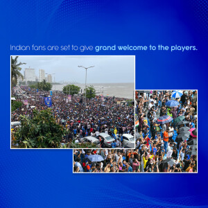 Large crowd of Indian fans welcoming players, many holding umbrellas.
