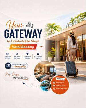 A woman carrying luggage towards a modern luxury hotel entrance for booking advertisement.