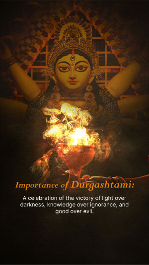 Image of Goddess Durga with a burning diya and text about Durga Ashtami