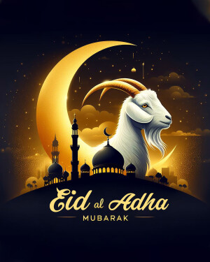 Eid al-Adha illustration with a goat, crescent moon, and mosque silhouette