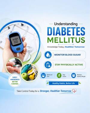 Infographic showing diabetes monitoring with a glucometer and tips for healthy lifestyle