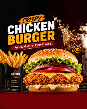 A crispy chicken burger with french fries and a glass of coke against a dark background