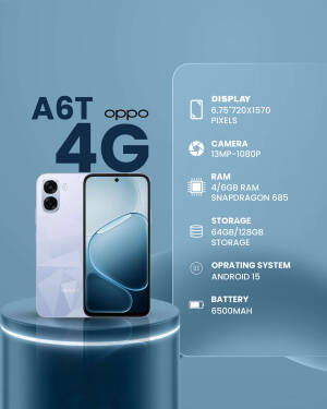 OPPO A6T 4G smartphone displayed on a pedestal with technical specifications list