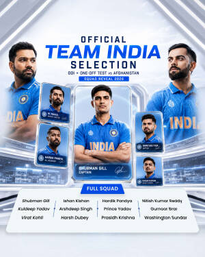 Team India cricket squad announcement featuring captain Shubman Gill, Rohit Sharma, and Virat Kohli