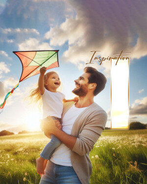 A father holding his daughter as she flies a colorful kite in a field.