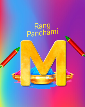 Letter M with colors and pencils representing Rang Panchami