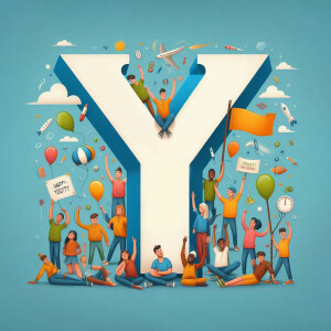 Illustration of a large letter Y filled with diverse people celebrating with balloons, flags, and other festive items.
