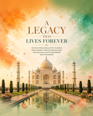 A beautiful watercolor-style illustration of the Taj Mahal with tricolor saffron and green clouds representing Indian Independence Day.