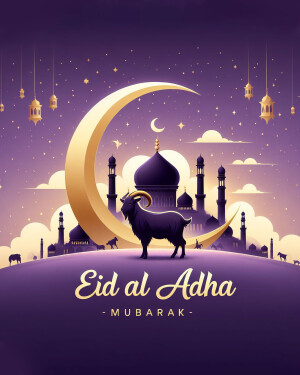 Eid al Adha greeting with a crescent moon, mosque, and goat