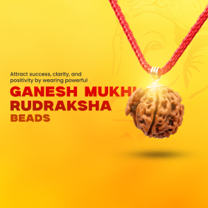 Close-up of a Rudraksha bead pendant with 'Ganesh Mukh' engraving on a yellow background.