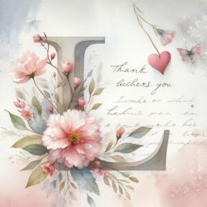 Watercolor illustration of the letter 'L' adorned with pink flowers, a heart, and a butterfly, with handwritten text 'thank teachers you'.