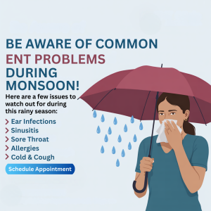 Illustration of a woman with a cold under an umbrella during the monsoon season, highlighting common ENT problems.