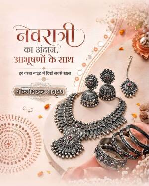 Set of elegant Indian oxidized silver jewelry including necklace, earrings, and bangles for Navratri celebration