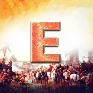 Large orange letter E superimposed on a historical painting of a battle scene.