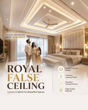 Family admiring a luxury bedroom with elegant layered false ceiling and modern ambient lighting