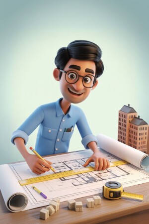 Cartoon illustration of a male architect working on blueprints
