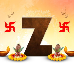 Letter Z with Diwali decorations including Swastika, Diya and Kalash
