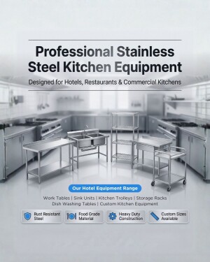 Commercial stainless steel kitchen equipment including work tables, sink units, and trolleys in a professional kitchen setting.