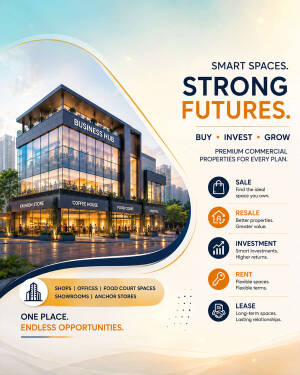 Modern multi-story commercial business hub building with office and retail spaces advertisement.