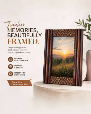 A decorative wooden photo frame showcasing a scenic sunset landscape, presented on a minimalist platform with decorative text.
