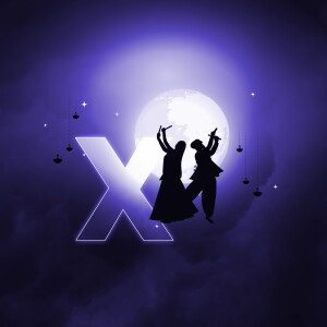 Silhouette of dancers performing Garba in front of a full moon and a large letter 'X'