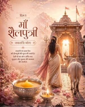 A devotee walking towards a Hindu temple on the first day of Navratri dedicated to Maa Shailputri with ghee offering.
