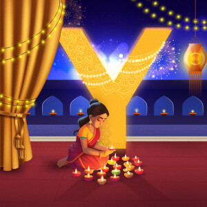 A woman lighting diyas in front of a large illuminated letter Y during Diwali.