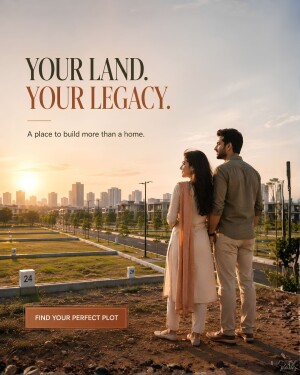 A couple standing on a plot of land looking towards a city skyline at sunset for a real estate advertisement.