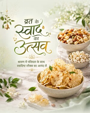 Bowls of Indian Vrat snacks with a traditional bell and flowers on a white marble background
