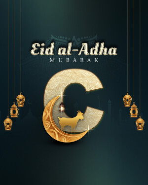 Eid al-Adha Mubarak with Crescent Moon and Goat