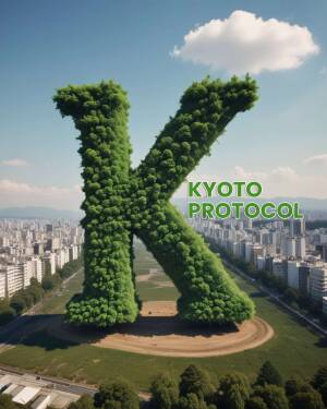 A large letter 'K' made of green foliage with the text 'Kyoto Protocol' below it, set against a city skyline.