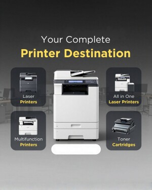 A collection of various printer models including laser, all-in-one, and multifunction printers with toner cartridges displayed in an office setting.