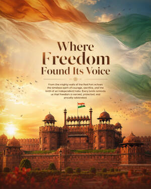 The historic Red Fort in Delhi at sunset with an artistic overlay of the Indian national flag representing Independence Day.