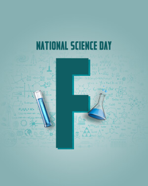 National Science Day graphic with a large letter 'F' and science equipment