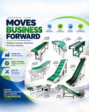 Various types of industrial conveyor systems including flat, curve, inclined, and cleated belts for material handling.