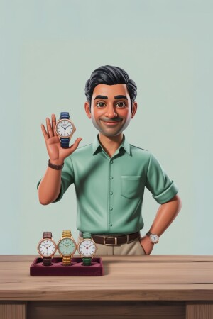 Cartoon illustration of a man presenting a collection of stylish watches.